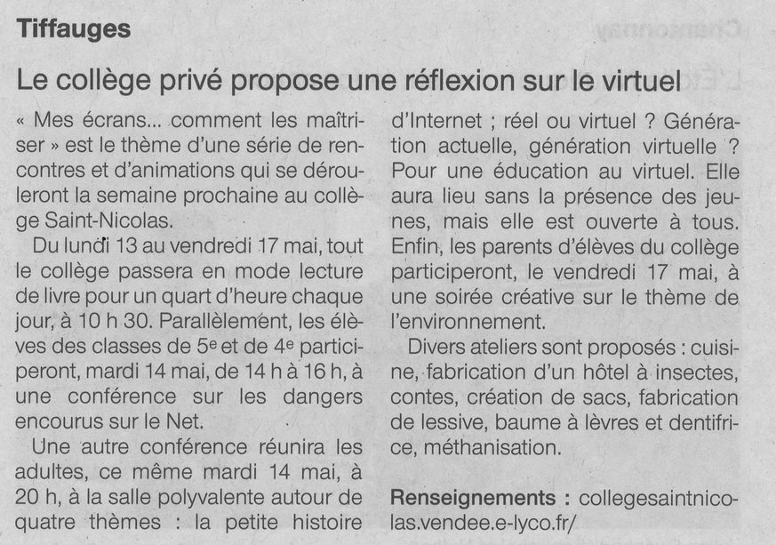 Tiffauges : le collège privé propose une réflexion sur le virtuel